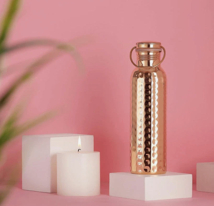 Pure Copper Water Bottle 600ml (99.74%) | Hammered Finish | Leakproof Carry Handle | Healthgoods AU