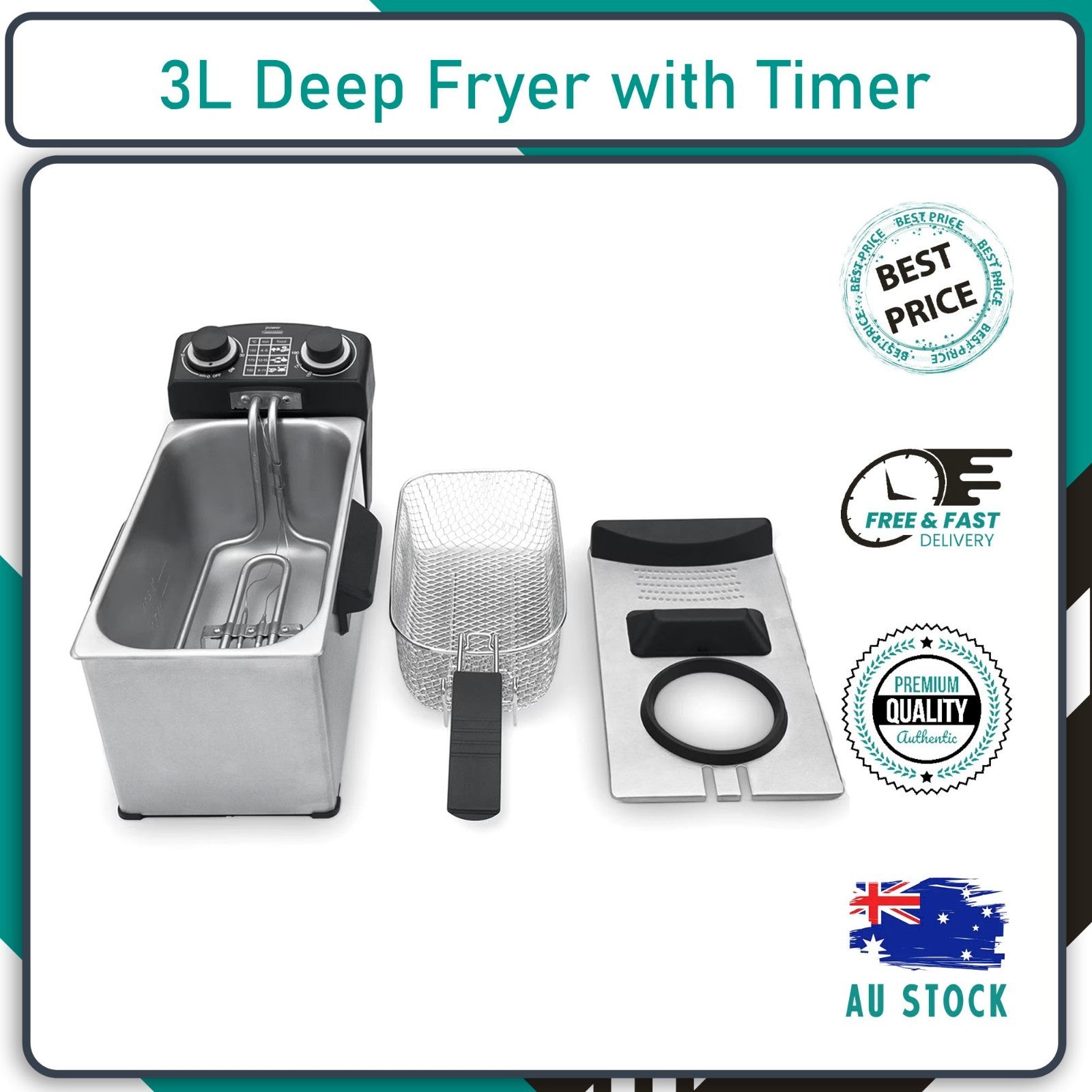 3L Stainless Steel Electric Deep Fryer 2100W with Timer | Chips, Nuggets & Snacks | Australia Stock