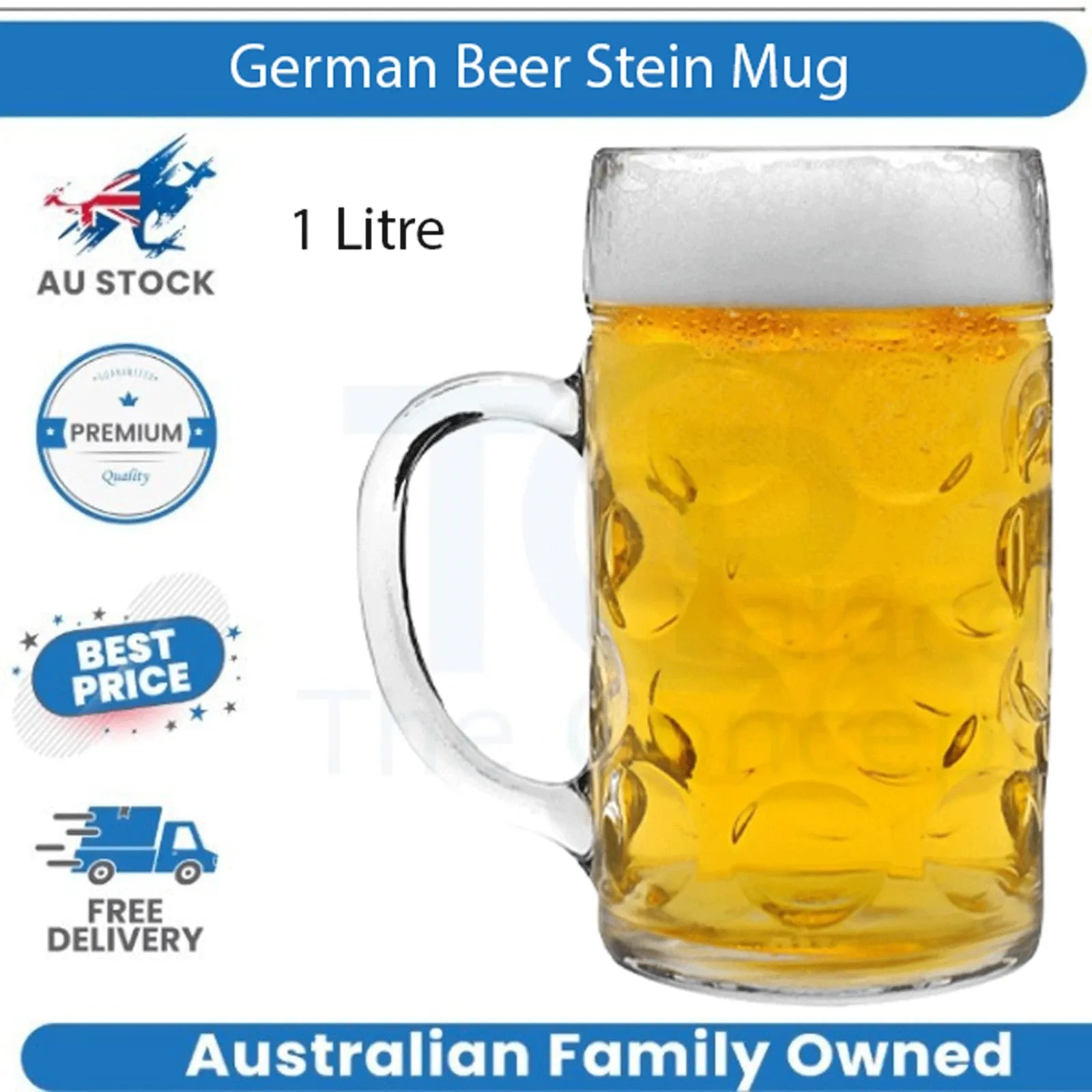 German Beer Stein Mug 1L | Large Dimpled Glass Tankard with Handle | Holds 2 Pints | Dishwasher Safe