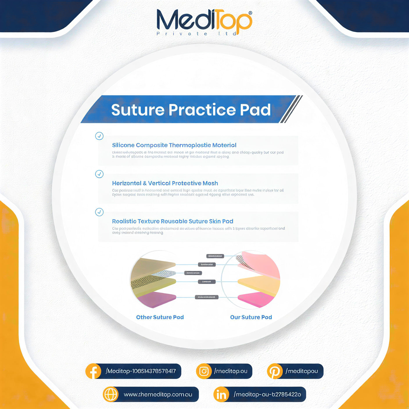 3-Layer Suture Practice Pad – Medical & Veterinary Training Silicone Skin Model (Self-Healing, 12mm)