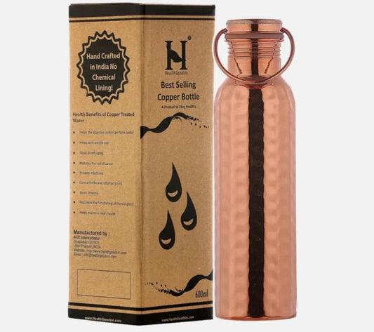 Pure Copper Water Bottle 600ml (99.74%) | Hammered Finish | Leakproof Carry Handle | Healthgoods AU