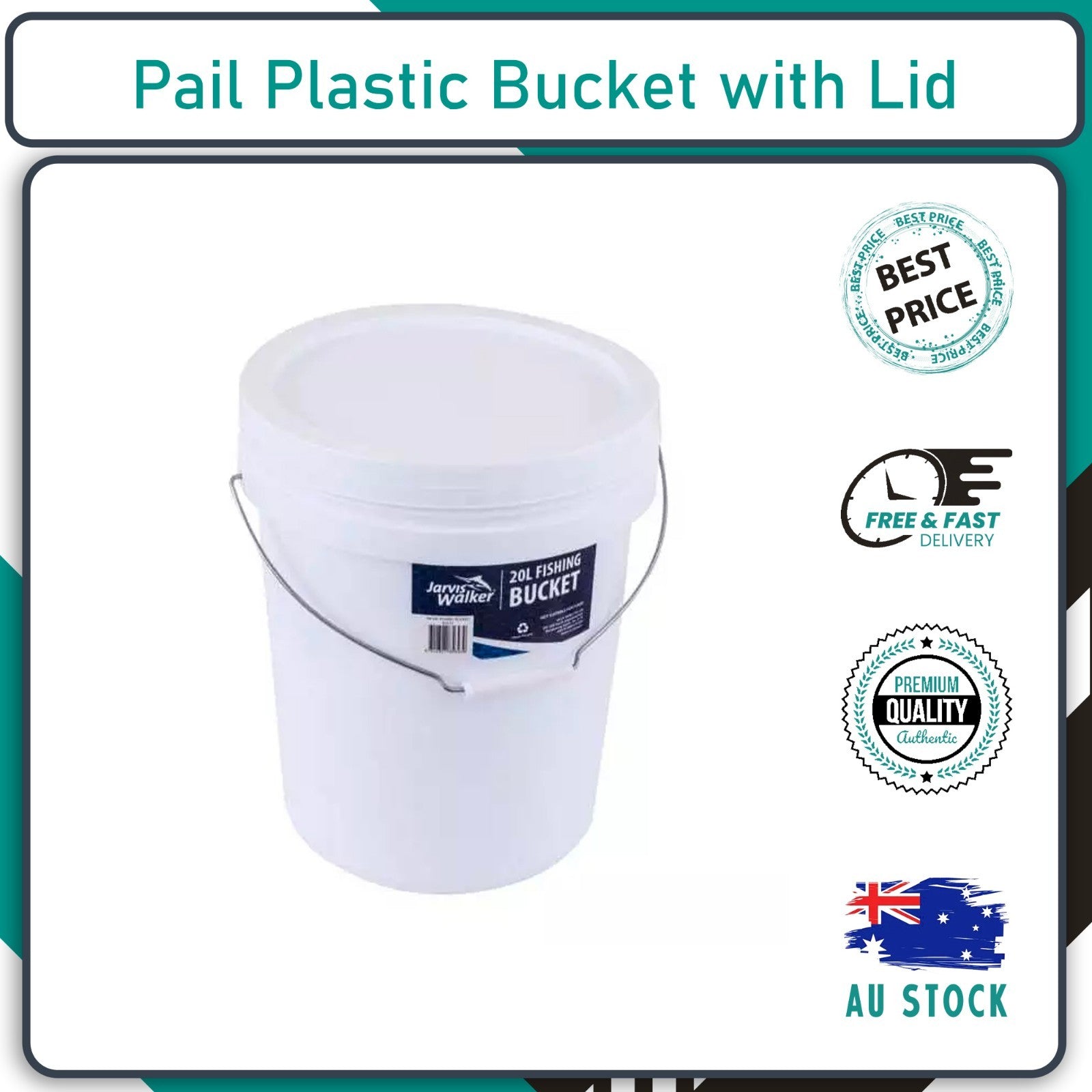 20L Plastic Bucket with Lid & Handle | Heavy Duty Storage Pail | White | AU Stock