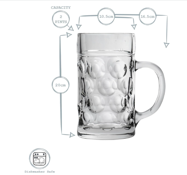 German Beer Stein Mug 1L | Large Dimpled Glass Tankard with Handle | Holds 2 Pints | Dishwasher Safe