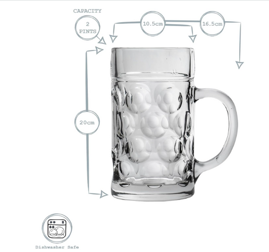 German Beer Stein Mug 1L | Large Dimpled Glass Tankard with Handle | Holds 2 Pints | Dishwasher Safe